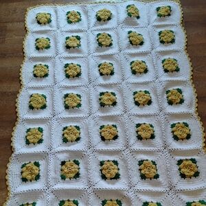Handmade Crochet Blanket with Yellow Floral Design